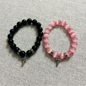 Black and Pink Beaded Bracelets with Silver Charms